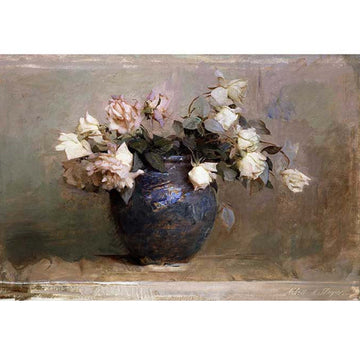 Rice paper design featuring a beautiful painting of roses in a vase. White borders are on the top and bottom.