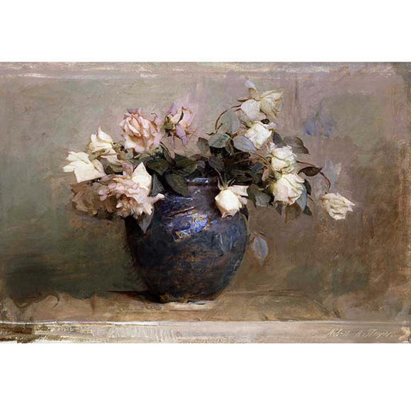 Rice paper design featuring a beautiful painting of roses in a vase. White borders are on the top and bottom.