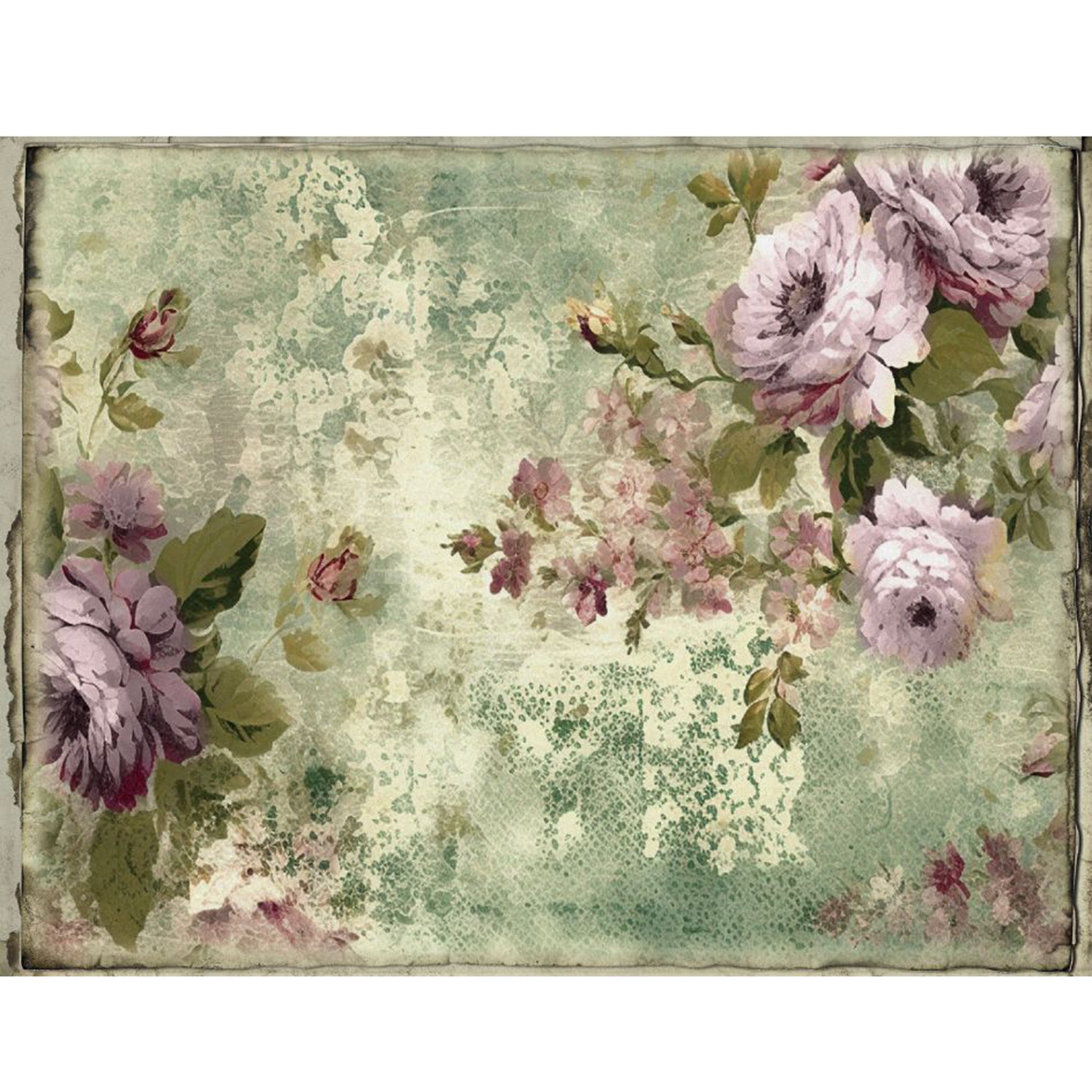 Tissue paper design featuring clusters of lavender colored flowers against a distressed light sage background. White borders are on the top and bottom.