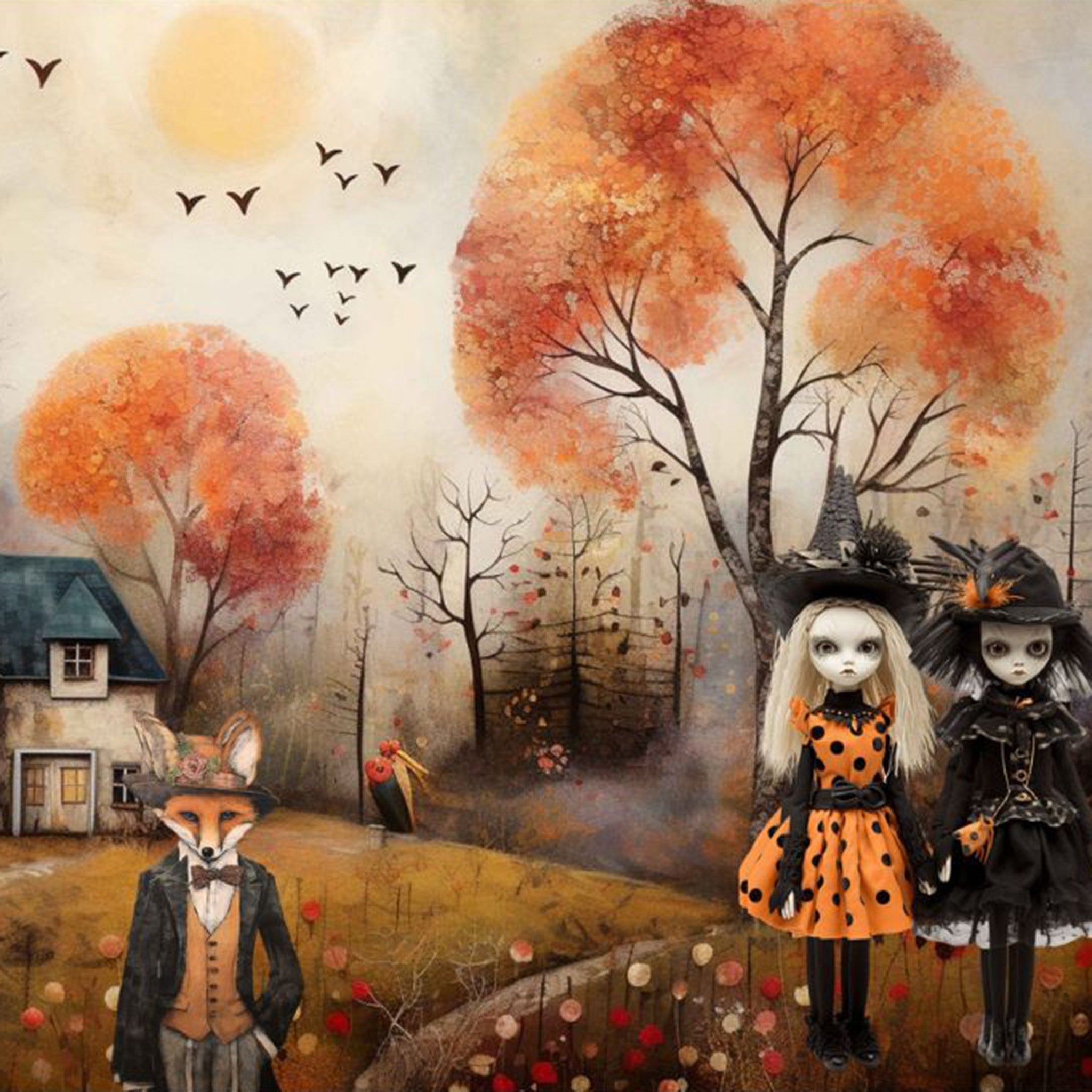 Close-up of a tissue paper design featuring four eerie witches dolls, a cleverly dressed fox, a haunted house, and autumnal trees.