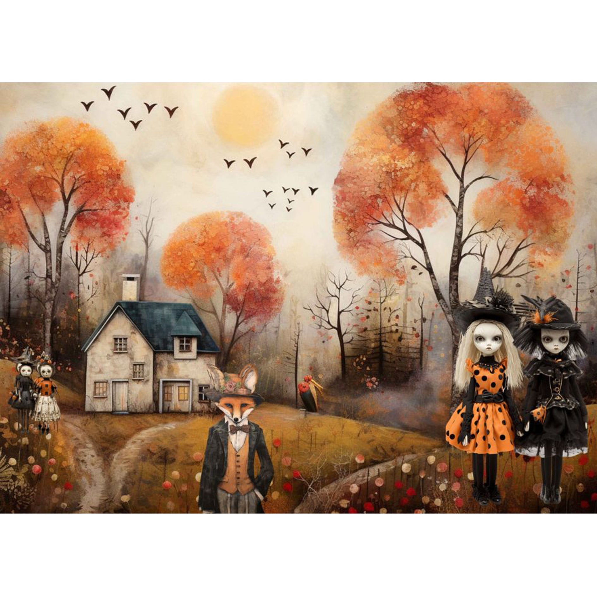 Tissue paper design featuring four eerie witches dolls, a cleverly dressed fox, a haunted house, and autumnal trees. White borders are on the top and bottom.