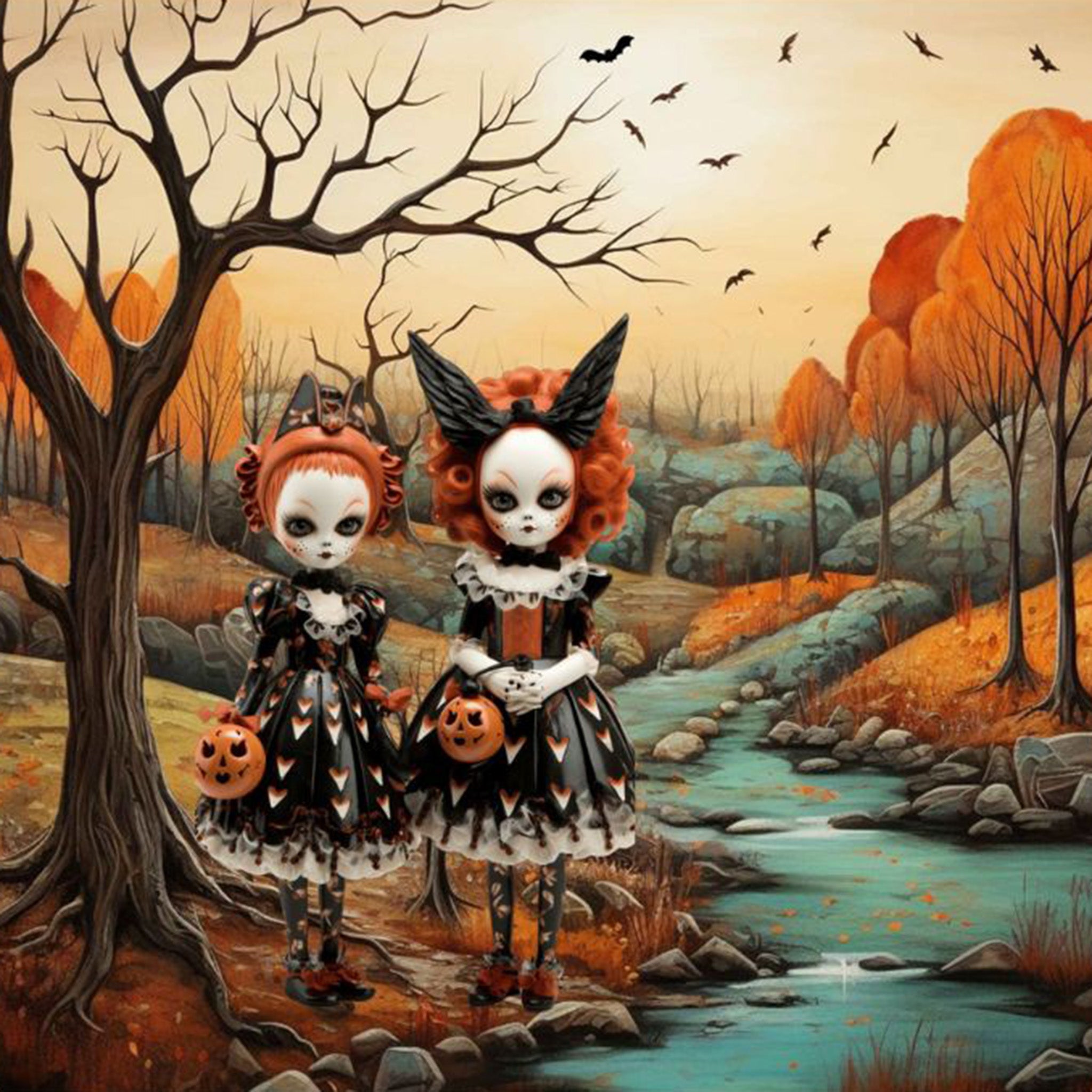 Close-up of a tissue paper design that features two spooky witches dolls by the river with trees and fall leaves in the background while bats swoop overhead. 