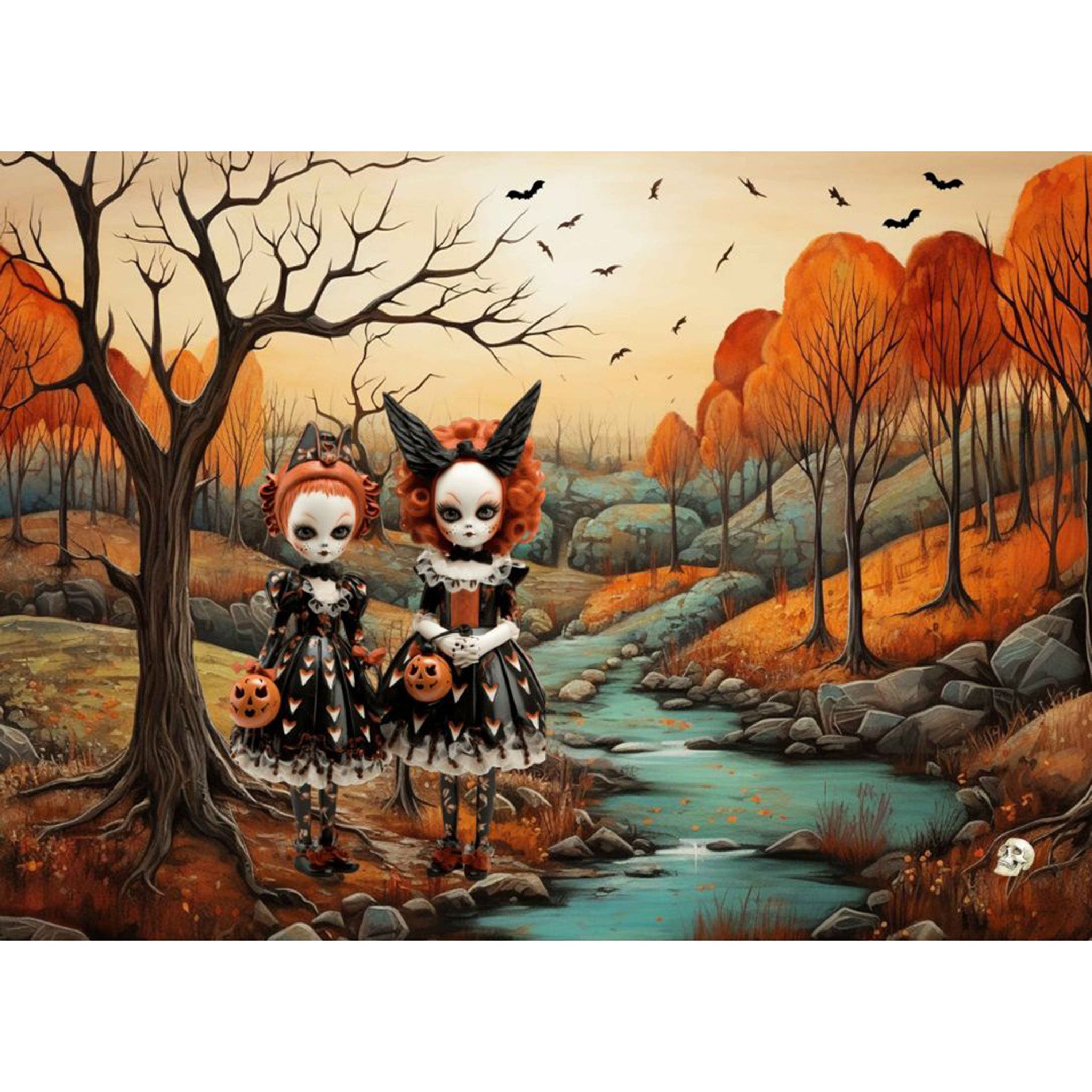 Tissue paper design that features two spooky witches dolls by the river with trees and fall leaves in the background while bats swoop overhead. White border are on top and bottom.