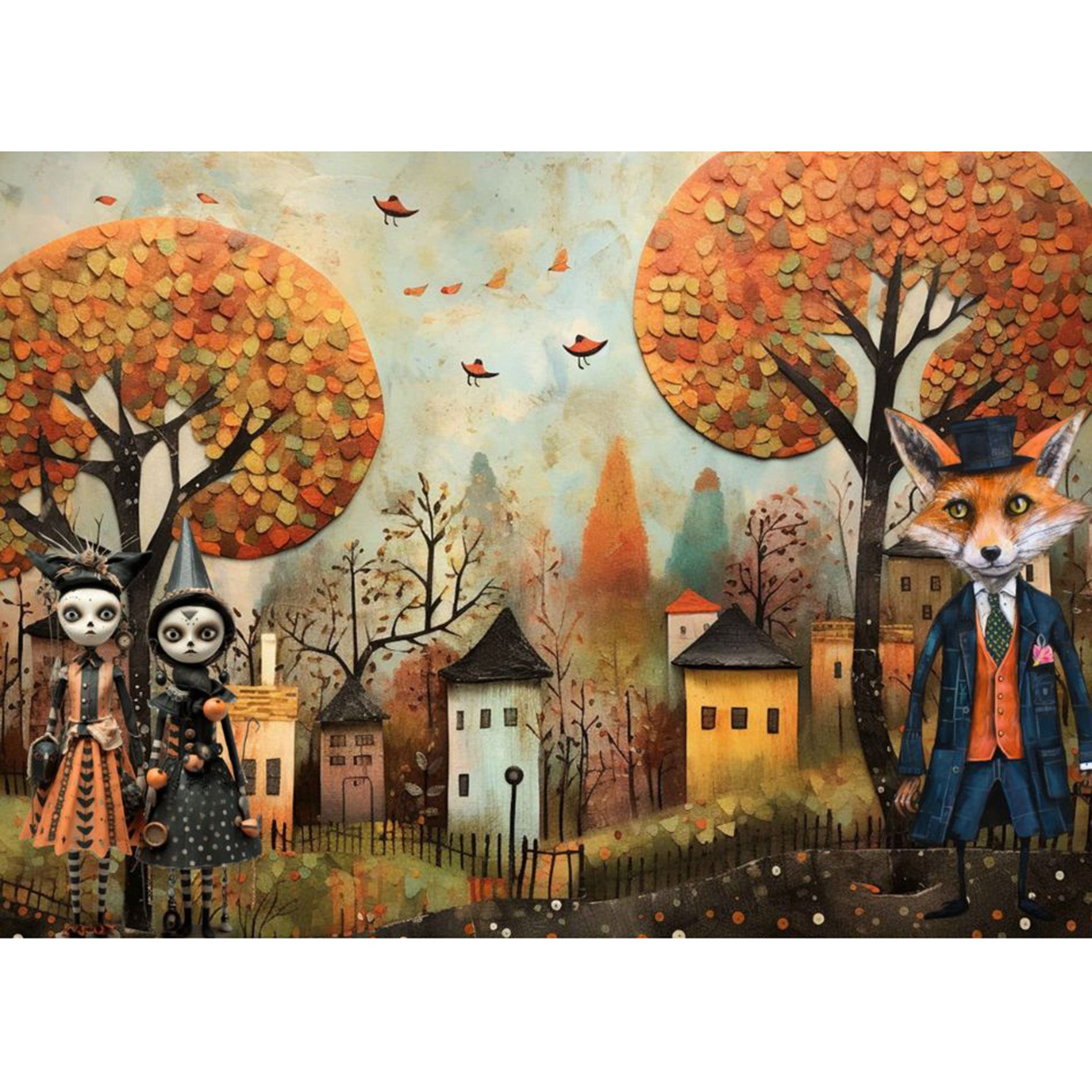 Tissue paper design featuring 2 charmingly creepy witches and a dapper fox in a suit, all set against a small town scene. White borders are on the top and bottom.