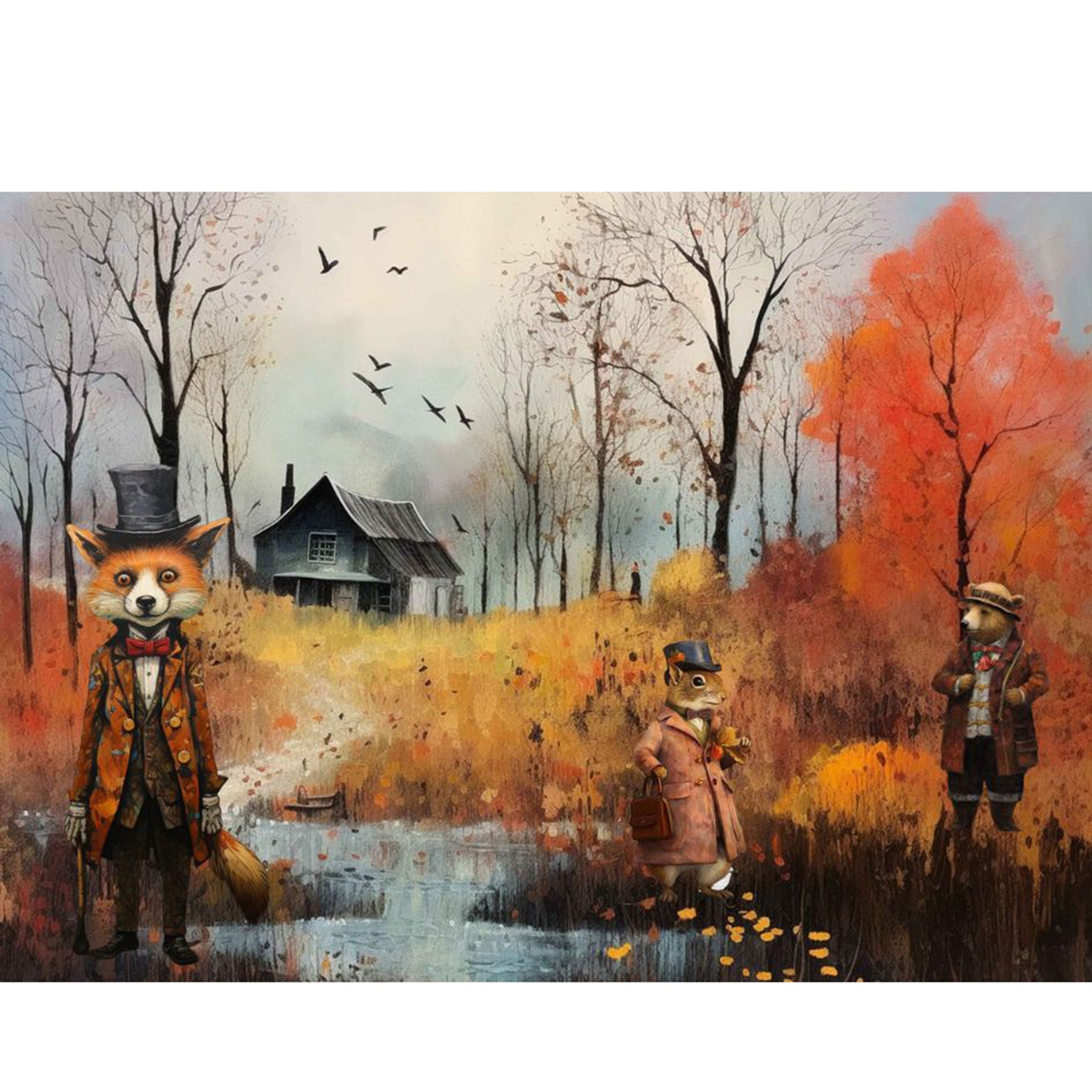 Tissue paper design that features fantastical woodland animals dressed in quirky clothing surrounding a small pond, while a haunted house looms in the background. White borders are on the top and bottom.
