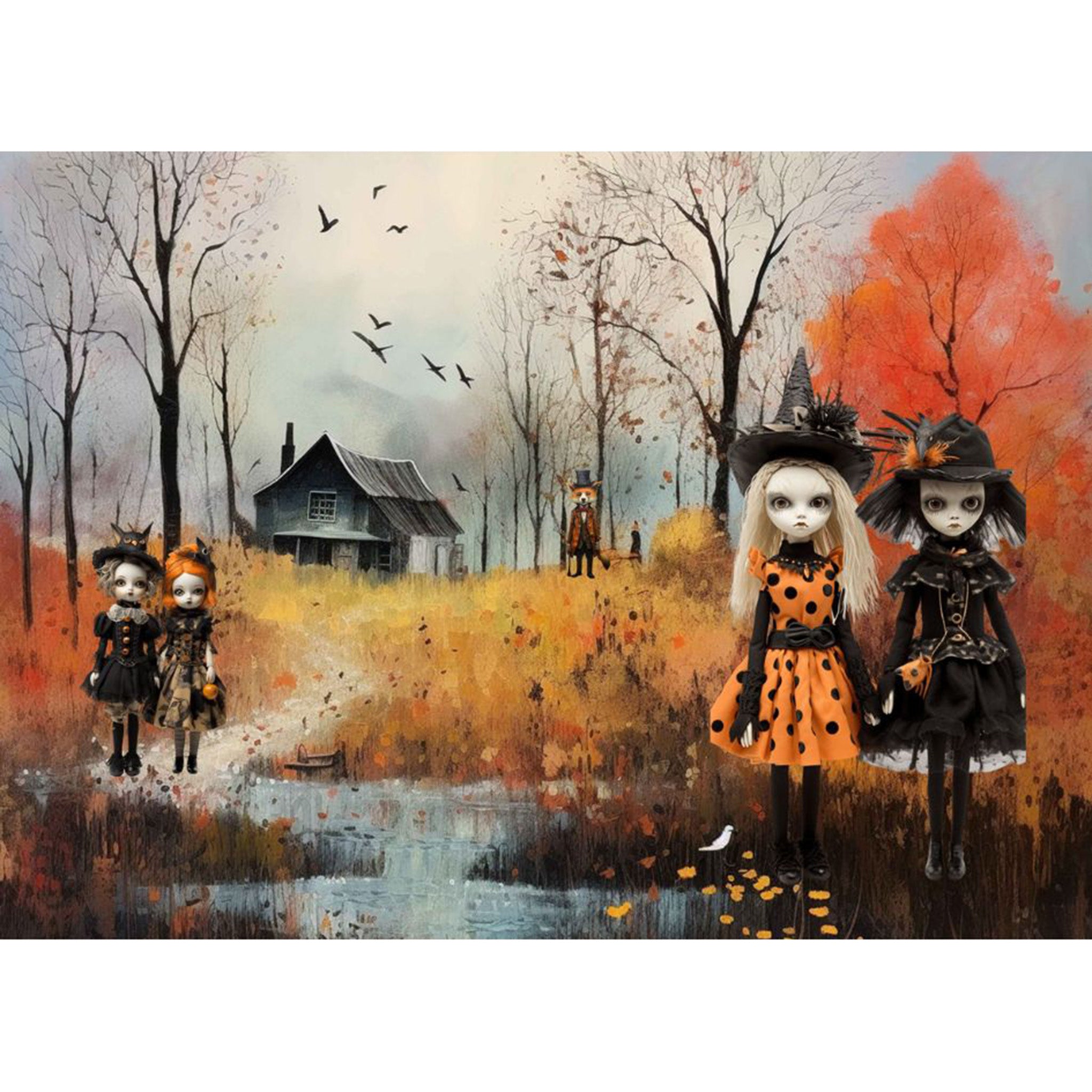 Tissue paper design that features 4 little witches by a creek, a haunted house, and a well-dressed fox.  White borders are on the top and bottom.