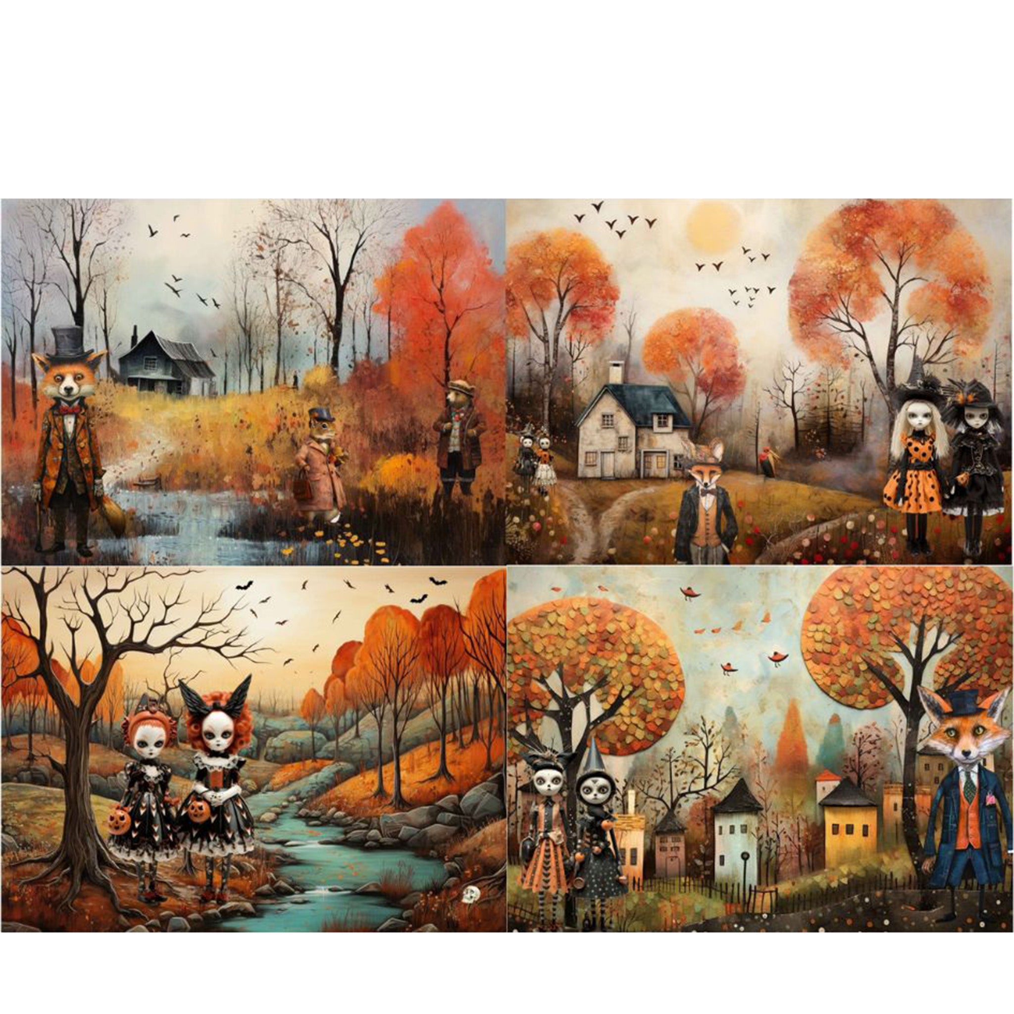 Tissue paper that features 4 sheets each featuring fall scenes, including spooky witches and woodland creatures in front of haunted houses. White borders are on the top and bottom.