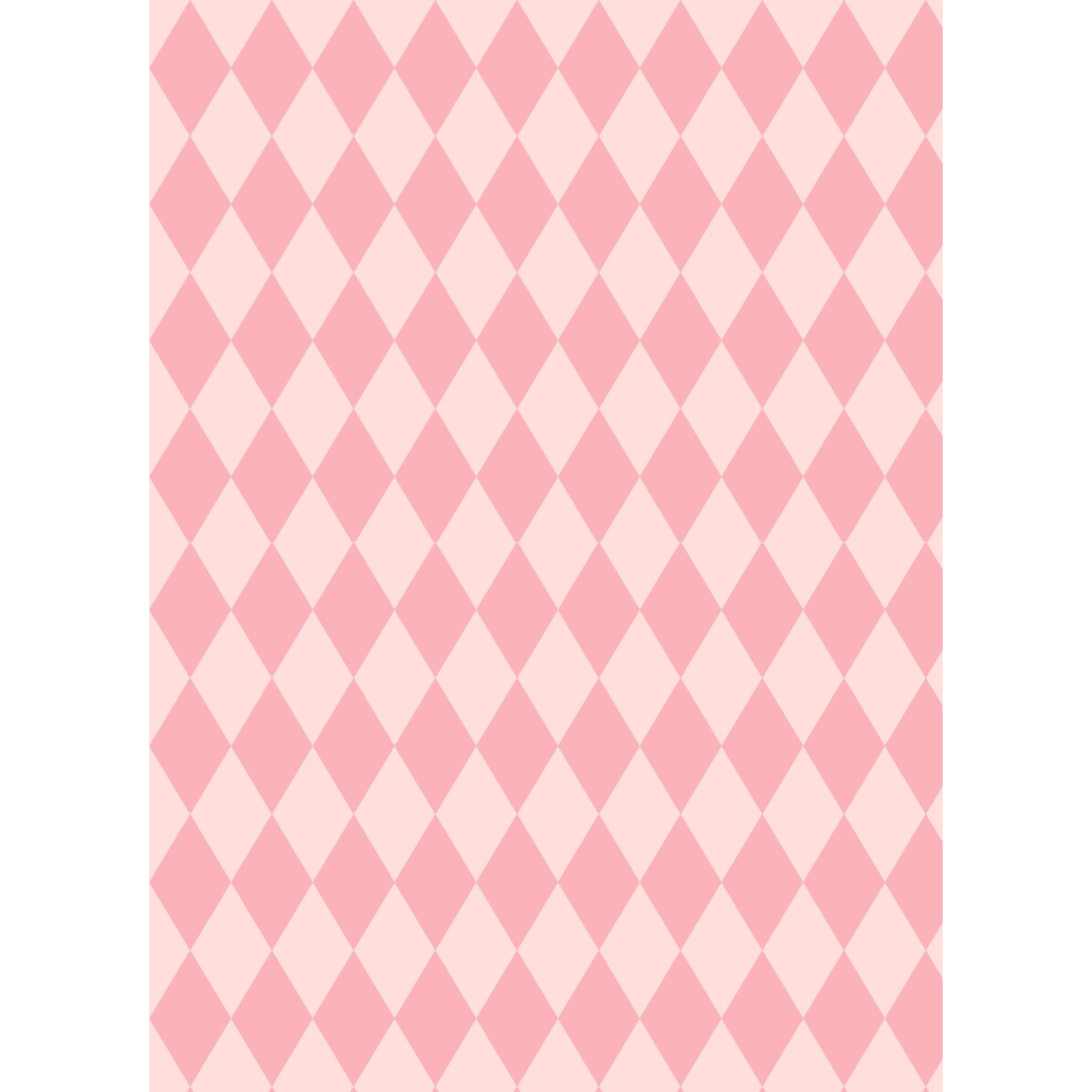 Tissue paper design featuring a playful pink harlequin diamond pattern. White borders are on the sides.