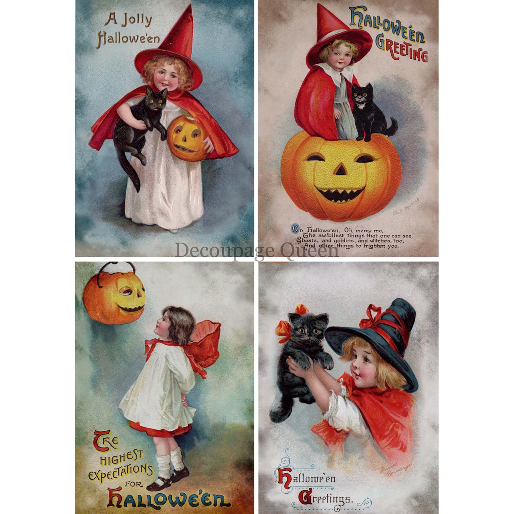 A3 rice paper design featuring four vintage greeting card designs of sweet little witches happily enjoying Halloween. White borders are on the sides.
