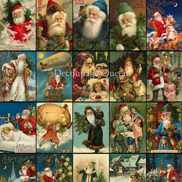 Close-up of a rice paper design that features 25 colorful vintage Santa portraits.