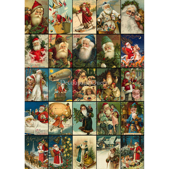 Rice paper design that features 25 colorful vintage Santa portraits. White borders are on the sides.
