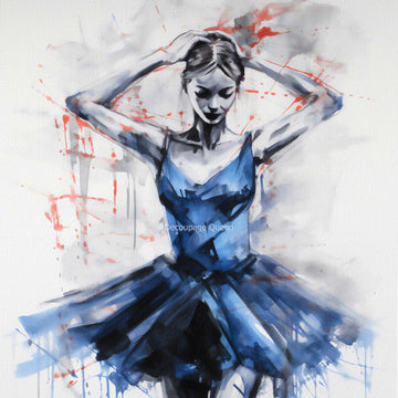 Close-up of a rice paper design featuring a watercolor image of a ballerina in a blue tutu. 