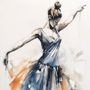 Close-up of a rice paper featuring a watercolor ballerina design, in vibrant shades of blue and orange.