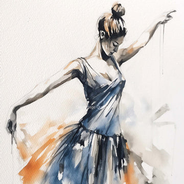 Close-up of a rice paper featuring a watercolor ballerina design, in vibrant shades of blue and orange.