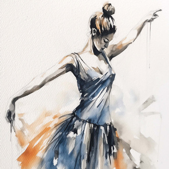 Close-up of a rice paper featuring a watercolor ballerina design, in vibrant shades of blue and orange.