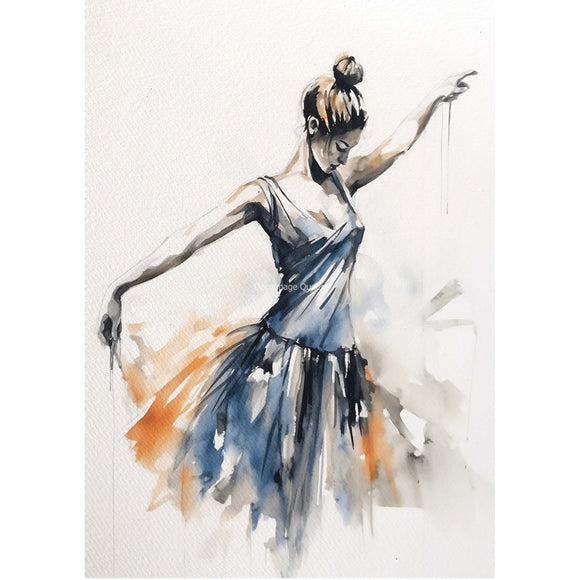 Rice paper featuring a watercolor ballerina design, in vibrant shades of blue and orange. White borders are on the sides.