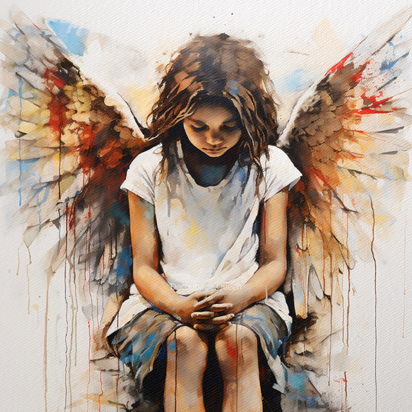 Close-up of a rice paper design that features a watercolor rainbow winged angel girl wearing a white t-shirt and denim shorts.