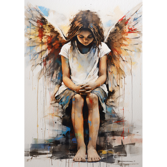 Rice paper design that features a watercolor rainbow winged angel girl wearing a white t-shirt and denim shorts. White borders are on the sides.