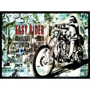 Rice paper featuring a unique pop art design featuring a motorcycle rider and magazine print. 