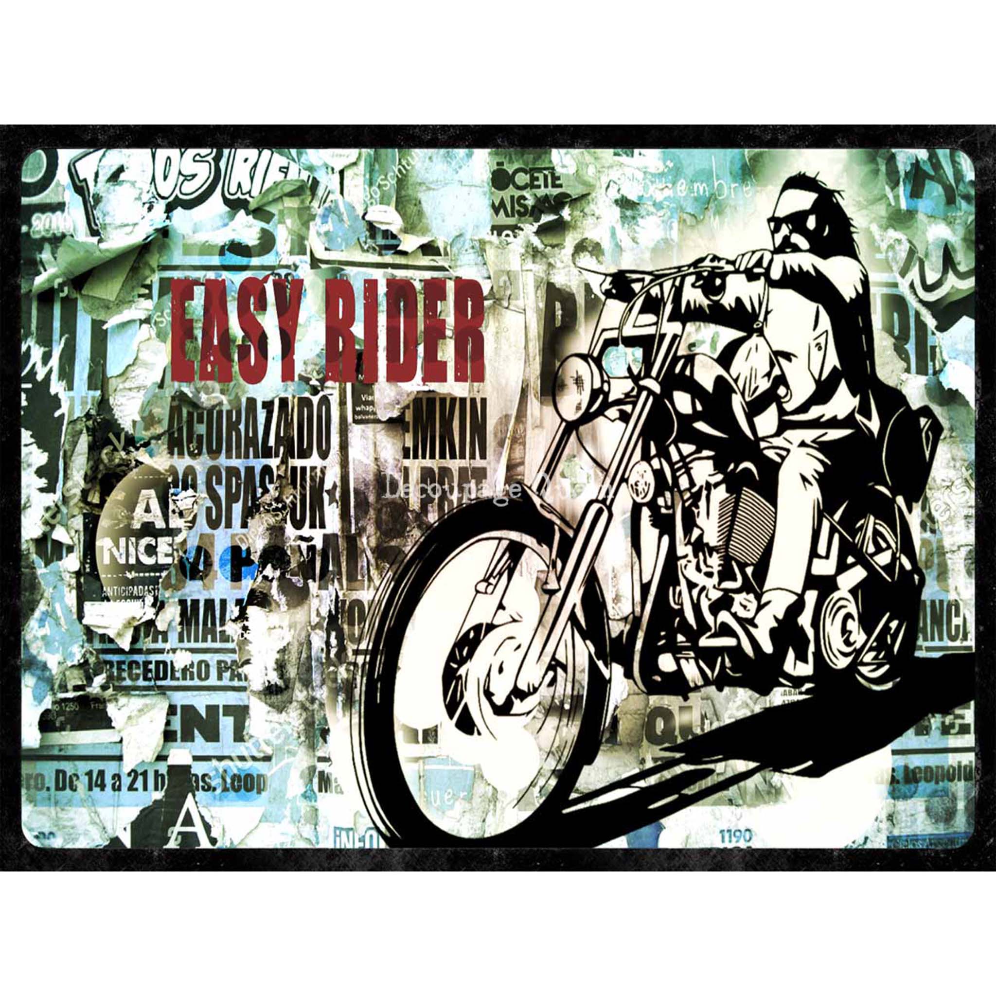 Rice paper design that features a burly biker and his motorcycle in front of a graffiti backdrop. White borders are on the top and bottom.