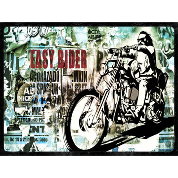 Rice paper featuring a unique pop art design featuring a motorcycle rider and magazine print. 