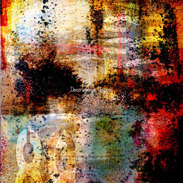 Close-up of a rice paper featuring colorful grungy paint spatter and stenciled numbers. 