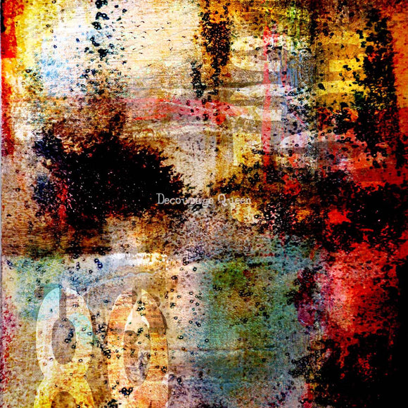 Close-up of a rice paper featuring colorful grungy paint spatter and stenciled numbers. 