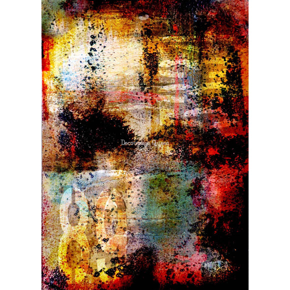 Rice paper featuring colorful grungy paint spatter and stenciled numbers. White borders are on the sides.