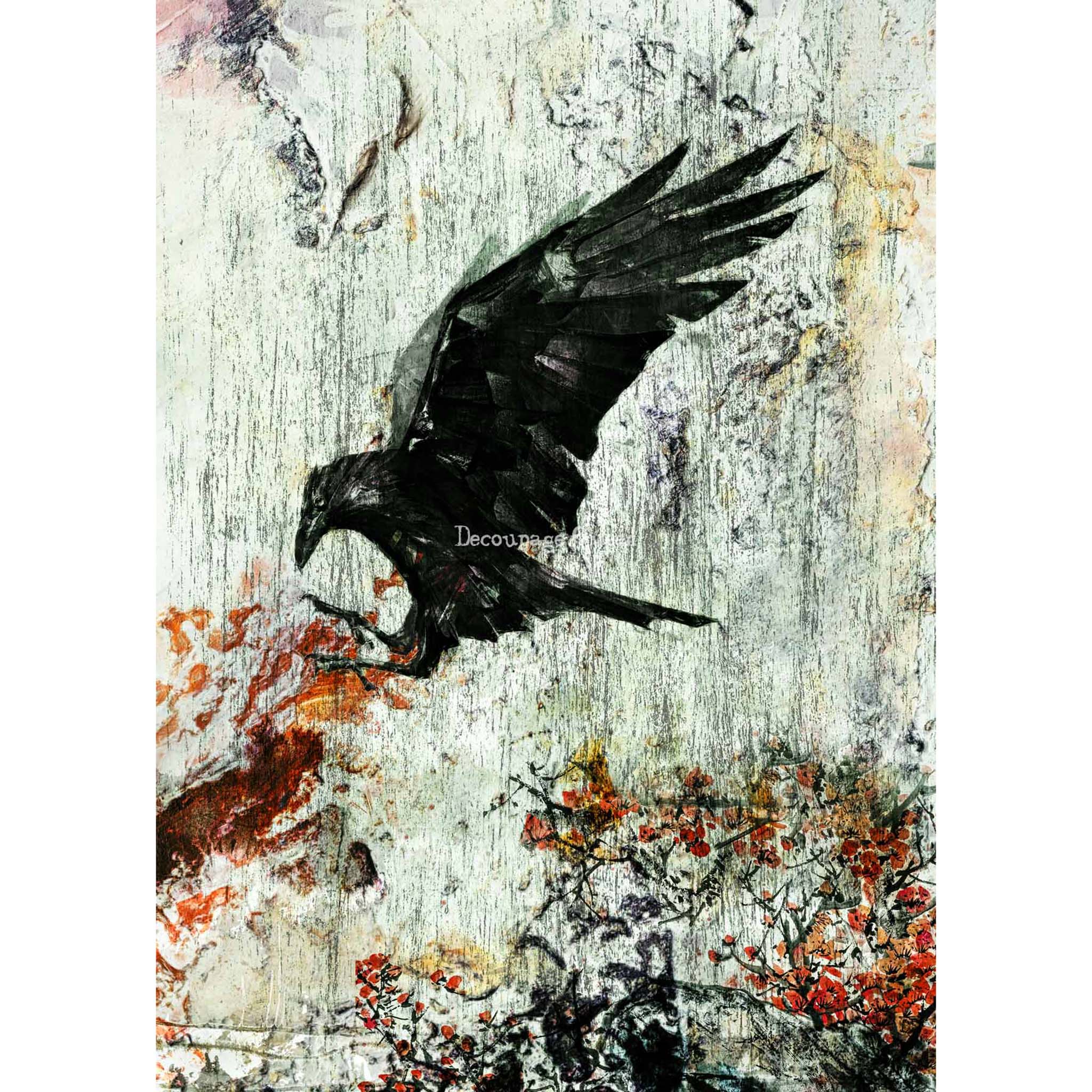 Rice paper design that features a colorful drawing of a black raven about to land on a branch. White borders are on the sides.