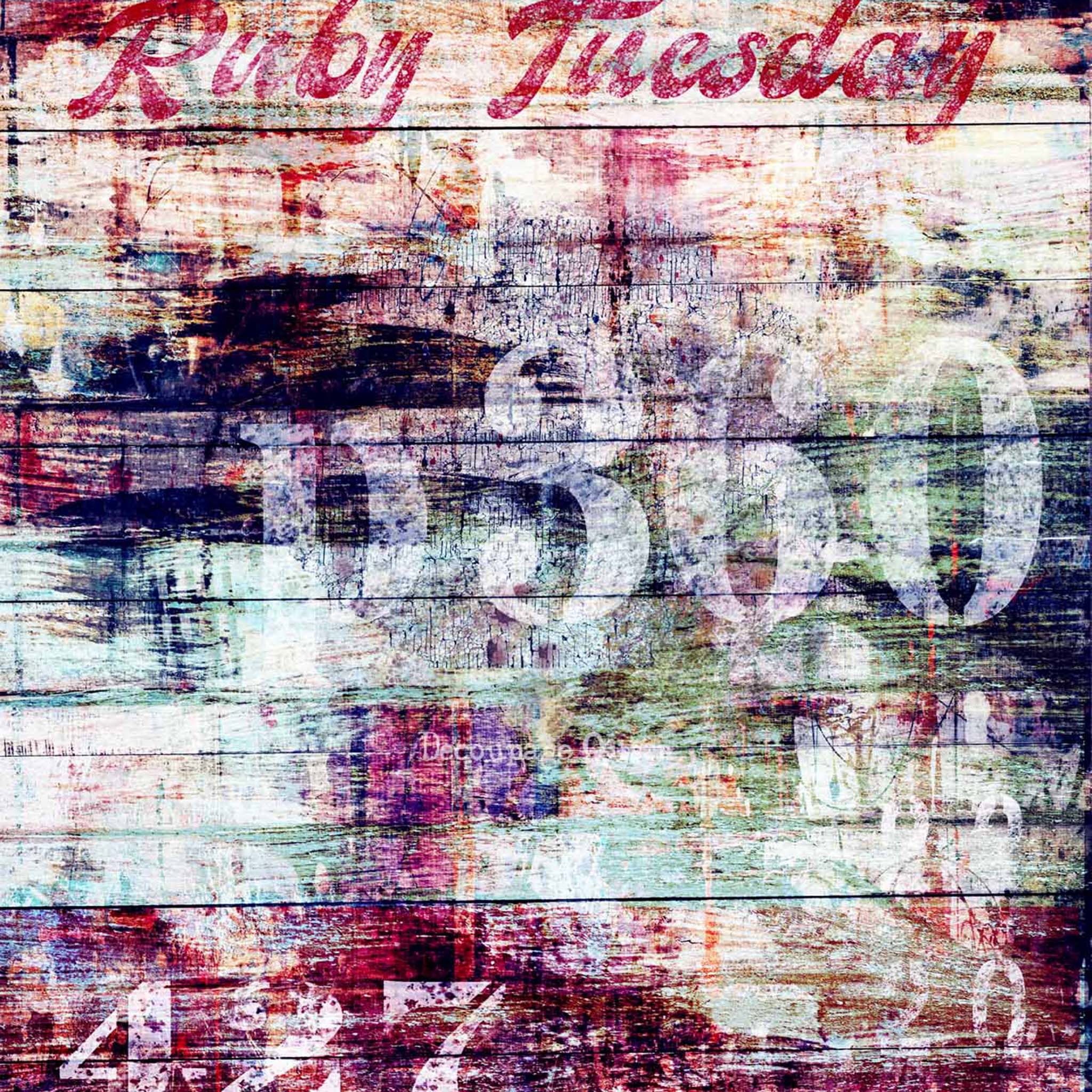 Close-up of a rice paper that features a unique collection of painted weathered wooden planks with the words "Ruby Tuesday" and block numbers stenciled on them.