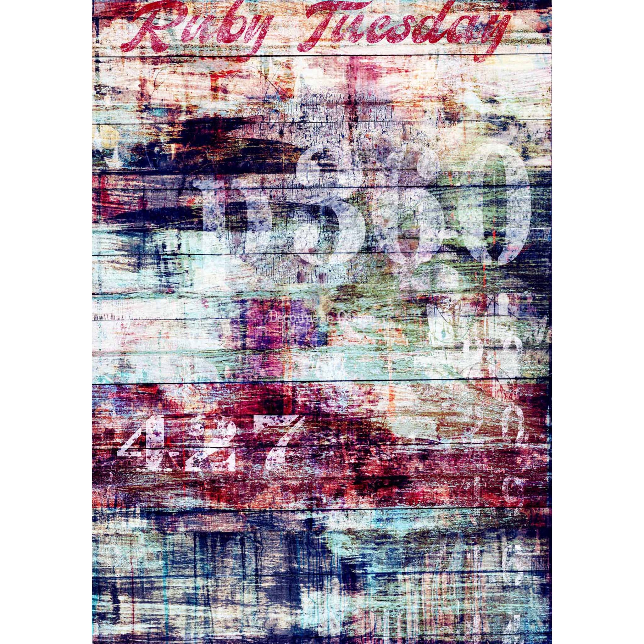 Rice paper that features a unique collection of painted weathered wooden planks with the words "Ruby Tuesday" and block numbers stenciled on them. White borders are on the sides.