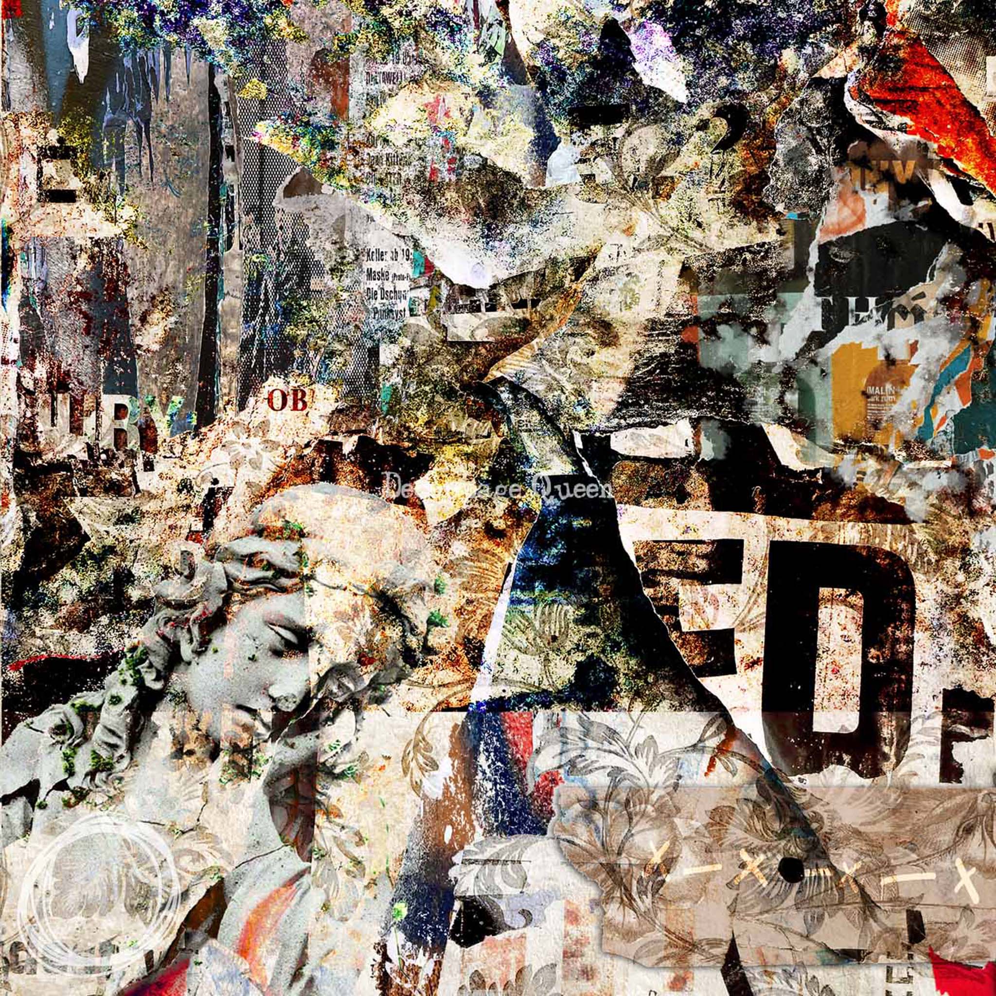 Close-up of a rice paper design that features a unique collage of ripped and weathered documents and images.