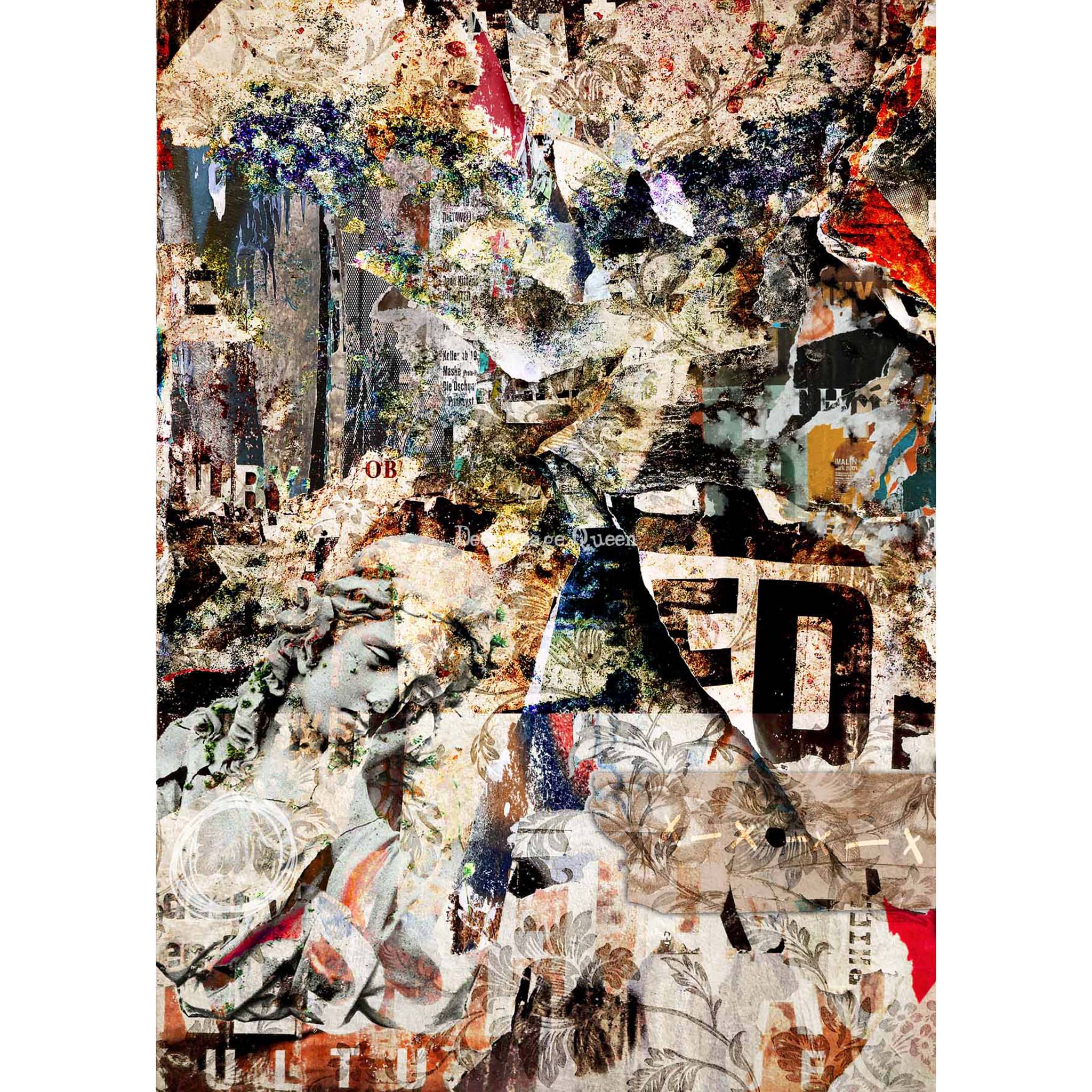 Rice paper design that features a unique collage of ripped and weathered documents and images. White borders are on the sides.