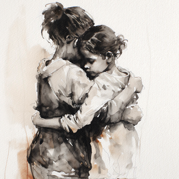 Close-up of a rice paper featuring a watercolor painting of a child and young adult in a warm embrace.