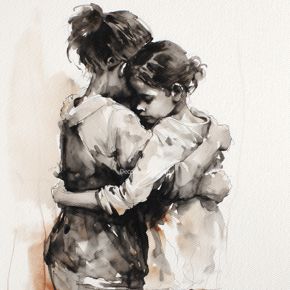 Close-up of a rice paper featuring a watercolor painting of a child and young adult in a warm embrace.