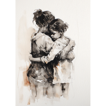Rice paper featuring a watercolor painting of a child and young adult in a warm embrace. White borders are on both sides.