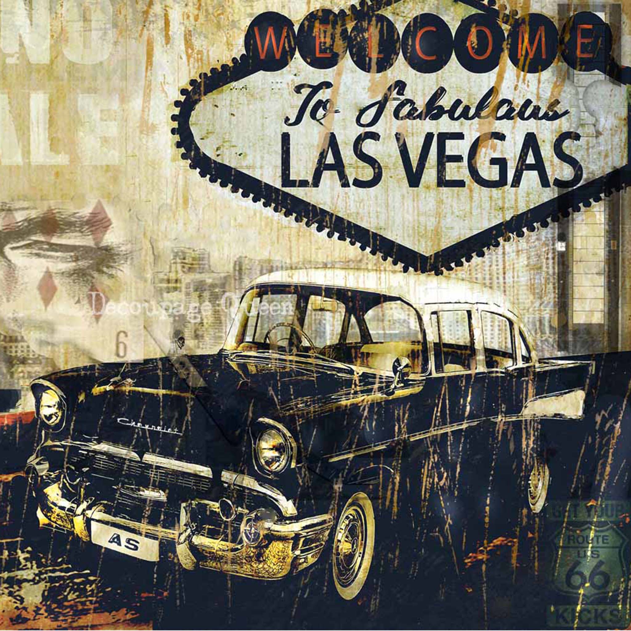 Close-up of a rice paper design featuring the iconic Welcome to Las Vegas sign above an antique car.