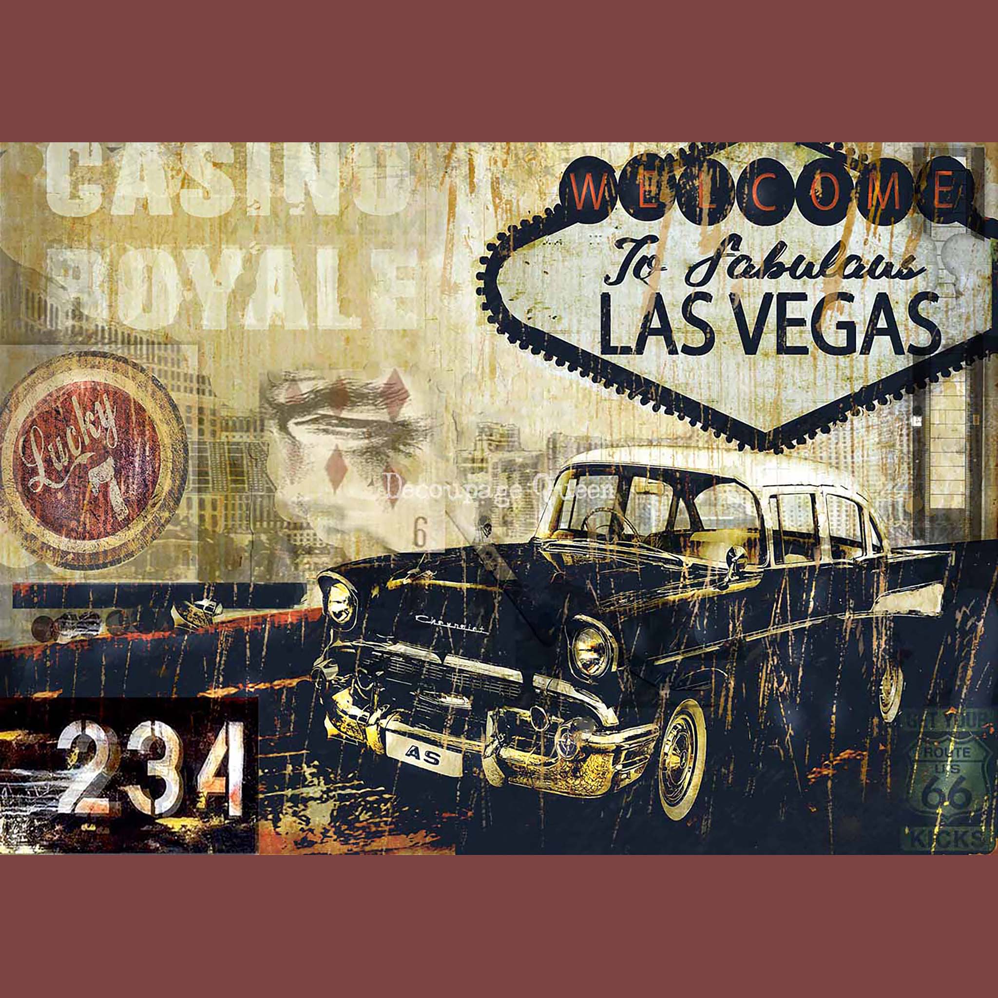 Rice paper design featuring the iconic Welcome to Las Vegas sign above an antique car. Soft burgundy borders are on the top and bottom.