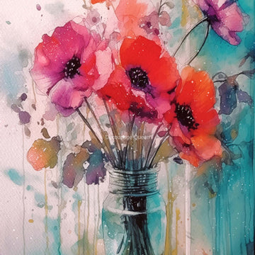 Close-up of a rice paper featuring a beautiful glass vase filled with red poppies.