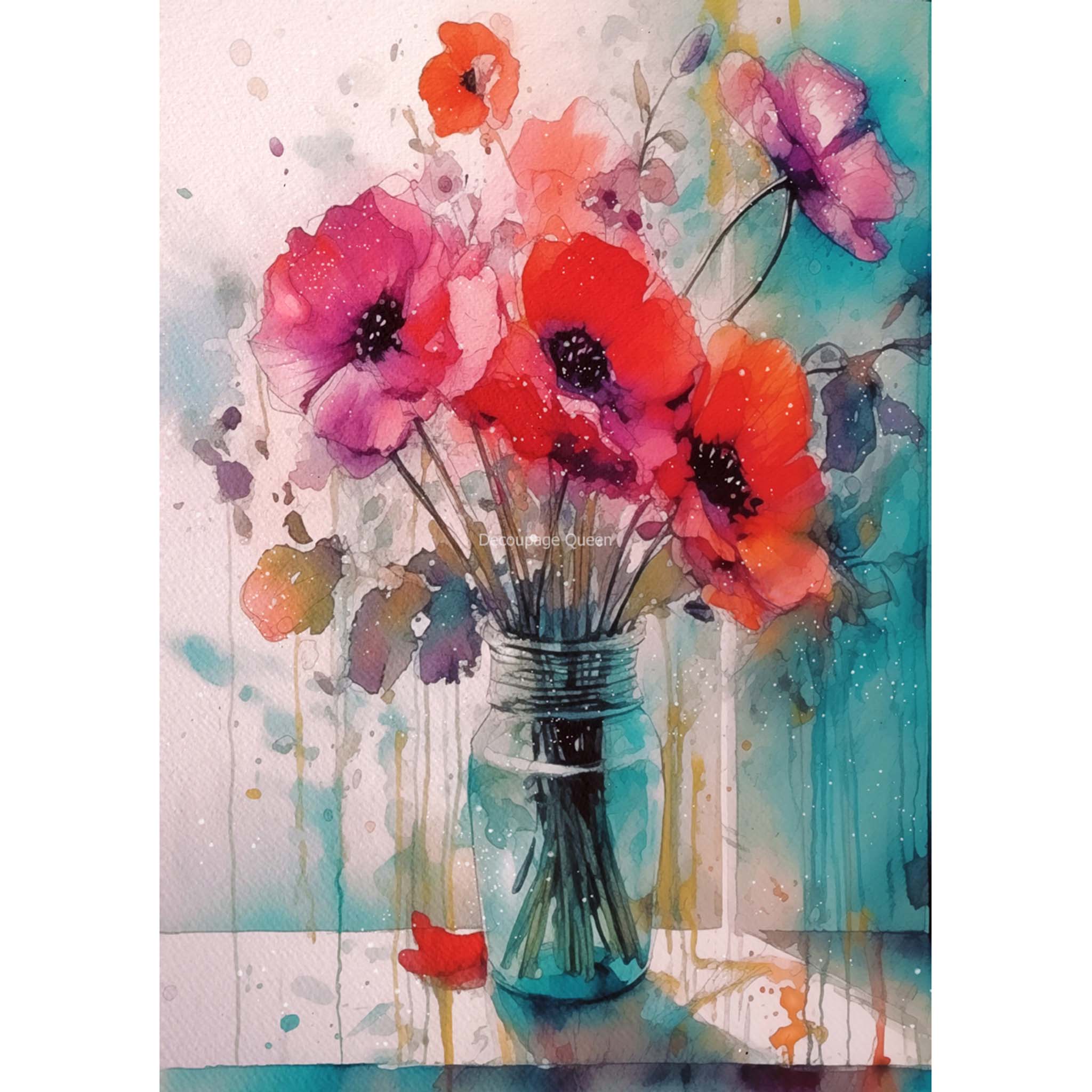 Rice paper design featuring a beautiful watercolor painting of a glass vase filled with red poppies. White borders are on the sides.