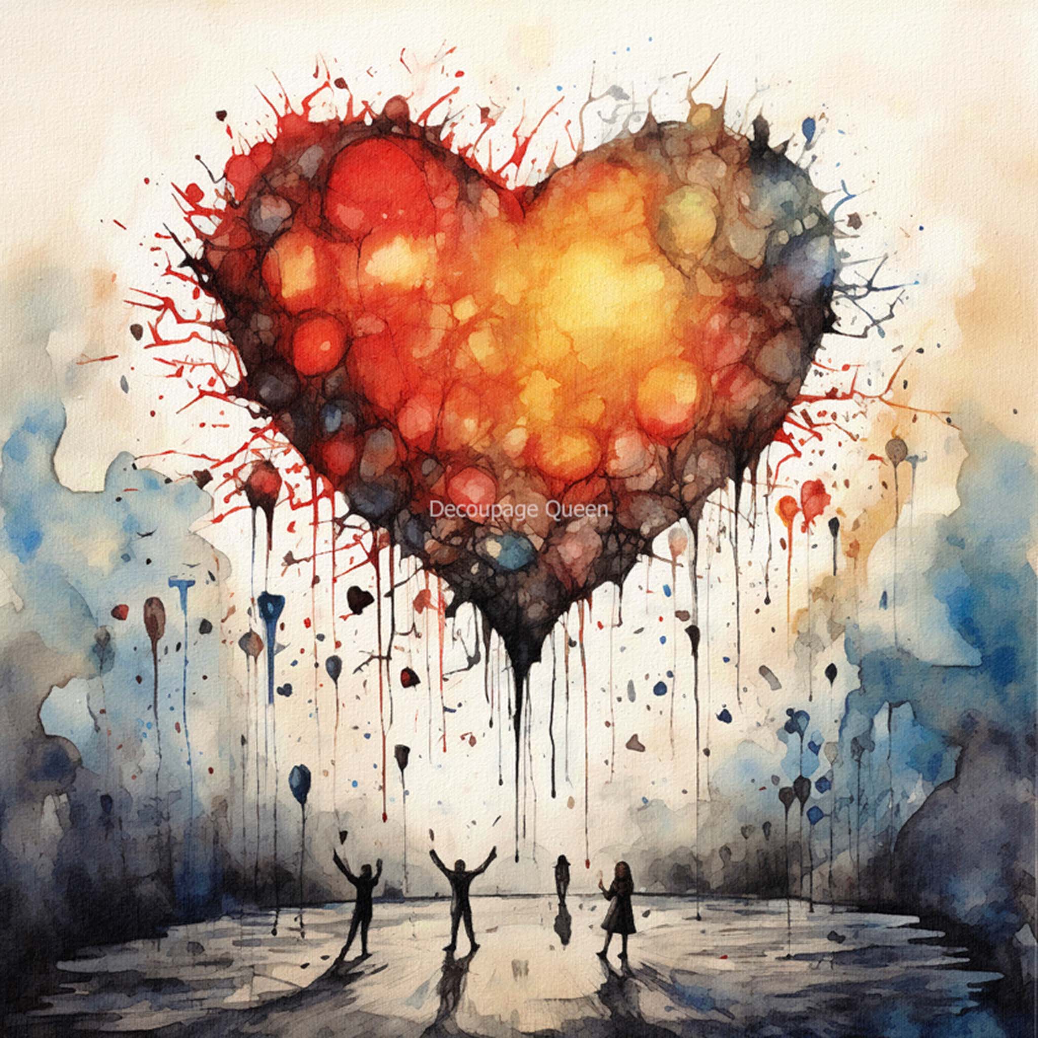 Close-up of a rice paper design featuring a watercolor painting of a group of people beneath a large red and yellow heart with paint splatters and runs raining down.