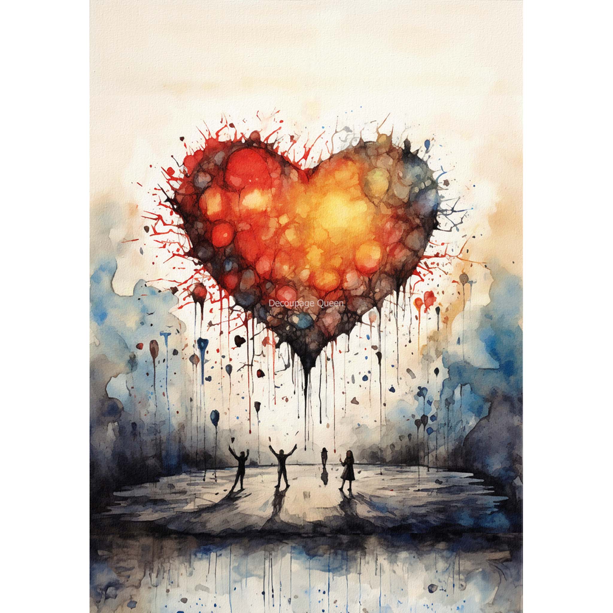 Rice paper design featuring a watercolor painting of a group of people beneath a large red and yellow heart with paint splatters and runs raining down. White borders are on both sides.