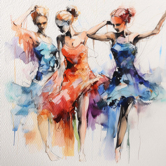 Close-up of a rice paper design featuring a vibrant watercolor design of three ballerinas in blue and orange dresses.