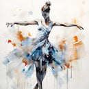 Close-up of a rice paper watercolor design featuring a beautiful ballerina twirling in a blue dress.