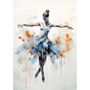 Rice paper watercolor design featuring a beautiful ballerina twirling in a blue dress. White borders are on the sides.
