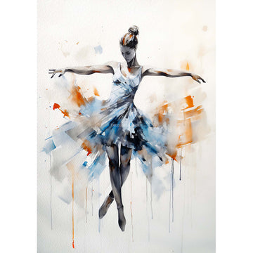 Rice paper watercolor design featuring a beautiful ballerina twirling in a blue dress. White borders are on the sides.