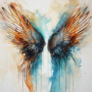 Close-up of a rice paper design featuring a stunning design of watercolor angel wings in blue and orange with paint streaming down.
