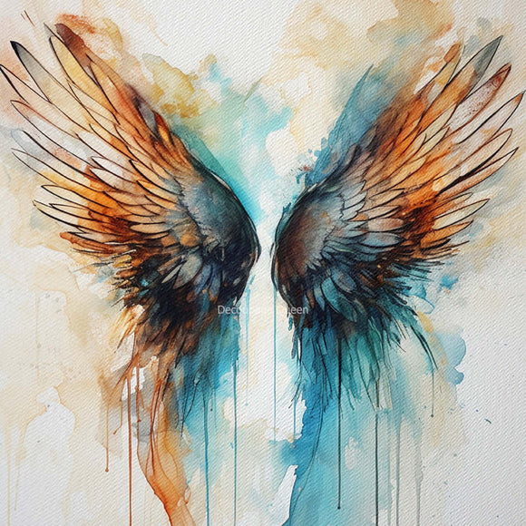 Close-up of a rice paper design featuring a stunning design of watercolor angel wings in blue and orange with paint streaming down.