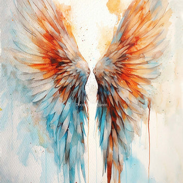 Close-up of a rice paper design featuring angel wings in ethereal shades of pastel blue and orange. 