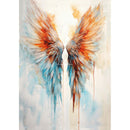 Rice paper design featuring angel wings in ethereal shades of pastel blue and orange. White borders are on the sides.